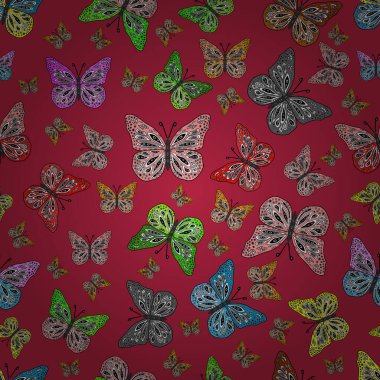 Tekrarlanan kelebekler. Vektör çizimi. Elle çizilmiş sevimli, kızsı, pürüzsüz bir şekil. Sonsuz. Çizim, karalama, karalama.