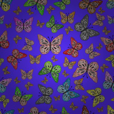 Şirin Vektör illüstrasyonu. Web sayfası geçmişleri, duvar kağıtları, tekstil ve yüzey dokuları için mükemmel. Kelebekler, menekşe, gri ve siyah renklerde kusursuz desenler..