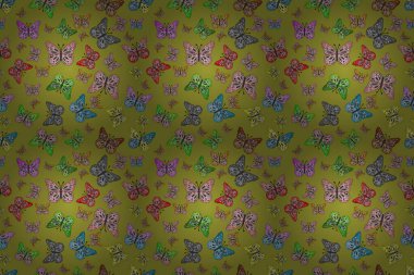 Gri, siyah ve sarı renkli bir resim. Kelebekli çiçeksiz desen. Kağıt, kumaş ve ambalaj için uygun.