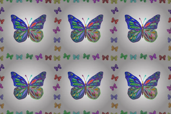 カード 印刷物のための簡単なかわいいパターン ラスターの伝統的な民俗花は 衣類のデザインのための青 緑と白の背景に装飾されています エキゾチックな蝶が付いている刺繍の傾向の花の継ぎ目が無いパターン — ストック写真