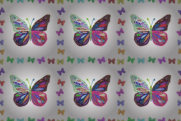 Seamless Raster Illustration Exotic Animals Violet Neutral White Butterflies Superb — Stock Photo, Image