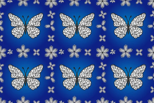 色彩斑斓的蝴蝶的无边背景 包装纸和墙纸的漂亮背景 面料和纸张的设计 蓝白黑相间的蝴蝶 — 图库照片