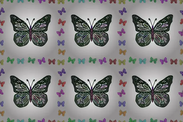 カード 招待状 印刷物のためのかわいい女性のパターン 美しい蝶のシルエットで流行の装飾 グレー ホワイト ブルーのバックグラウンド カラフルな蝶の春の背景 — ストック写真