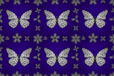 Renkli kelebeklerin kusursuz arka planı. Giysi tasarımı için mavi, beyaz ve siyah arkaplan üzerine dekorasyon. resimleme.