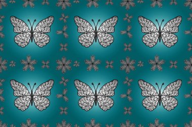 Egzotik Kelebeklerle tropik ve pürüzsüz bir düzen. Moda Kumaşı Tasarımı. Mavi, beyaz ve siyah renkli illüstrasyon.