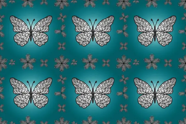 Trópusi Zökkenőmentes Minta Egzotikus Pillangókkal Divattervező Illusztráció Kék Fehér Fekete — Stock Fotó