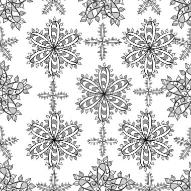 Beyaz, siyah ve gri kıvırcık çiçekler beyaz, siyah ve gri renklerde şekillenir. Vektör çizimi. Klasik çiçek tasarım elementleri.