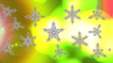 Güzel soyut kar taneleri raster tasarımı. Düz kar karalama ikonları, kar taneleri silueti sarı, kahverengi ve yeşil renkler noel afişi, kartlar. Yeni yıl kar tanesi.