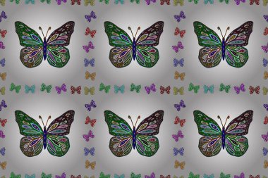 Ambalajlar, duvar kağıtları, kumaş tasarımı ve kağıt için hoş bir arkaplan. Kahverengi, beyaz ve yeşil renkli resimler. Kusursuz. Güzel kelebek desenli çizim tasarımı.