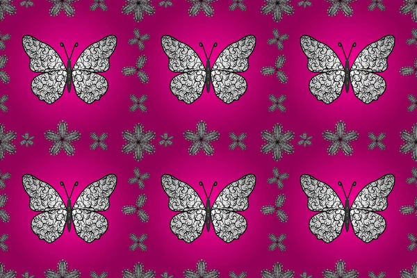 Vintage Hand Drawn Beautiful Colorful Butterflies Magenta White Black Background — Stock Photo, Image