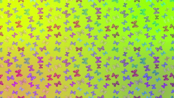 カラフルな要素を持つムービー映像の背景 手描きのシルエットバタフライと水彩の質感 楽しい色のイラスト — ストック動画