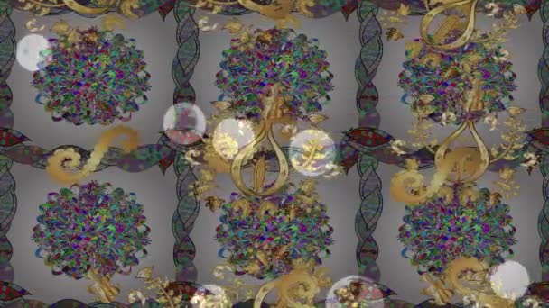 Rörelsematerial Bakgrund Med Färgglada Element Blommor Vintage Flaggstil Guld Guld — Stockvideo