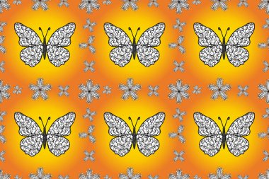 Sarı, turuncu ve beyaz arka planda kelebek deseni var. Kumaş, kağıt, ambalaj kağıdı ve duvar kağıdı tasarımı için sevimli bir arkaplan.