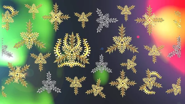 クリスマスブルー グリーン グレー ラスターイラスト マジックゴールデンホリデー抽象的な背景と星と落ちる雪片 — ストック写真