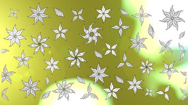 Renkli Bahar Temalı Kusursuz Arkaplan. Asya tekstil tarzında. Düz Çiçek Elementleri Tasarımı. Raster illüstrasyonu. Kusursuz çiçek deseni. Çiçekler beyaz, sarı ve yeşil renklerde.