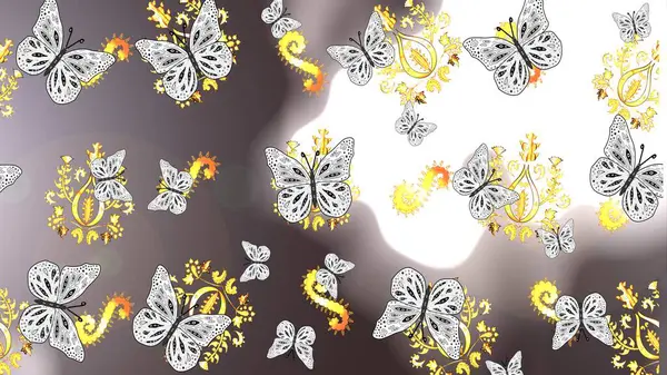 Perfect for wallpapers, web page backgrounds, surface textures, textile. Abstract sketch background. Pictures in neutral, white and gray colors witg tropical butterflies. Raster butterflies pattern.