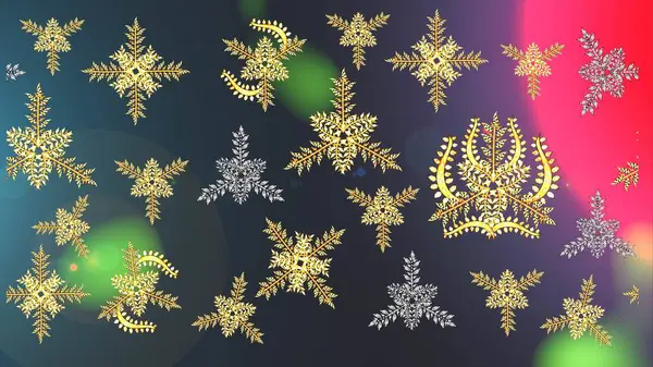Holiday design for Christmas and New Year fashion prints. Christmas pattern with snowflakes abstract background. Raster illustration. Colors. Golden snowflakes.