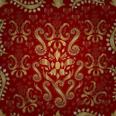 Altın element kırmızı, kahverengi ve bej renklerde. Kırmızı, kahverengi ve bej üzerine altın rengi klasik barok çiçeksiz desenler. Lüks, kraliyet ve Viktorya dönemi konsepti. Süsleme vektör dekorasyonu.