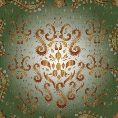 Tarafsız, yeşil ve bej renklerde, altın elementlerle klasik, pürüzsüz desen. Noel 2019, kar tanesi, yeni yıl.