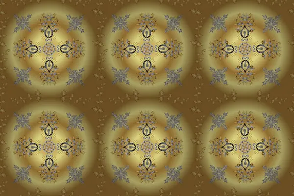 Raster seamless pattern with gold antique floral medieval decorative, leaves and golden pattern ornaments on yellow, gray and neutral colors. Seamless royal luxury golden baroque damask vintage.