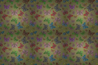 Siyah, nötr ve gri arka planda geleneksel halk çiçekleri dekoru giyim tasarımı için. Nakış, egzotik kelebeklerle süslenmiş çiçeksiz desenler. Kart ve yazdırma için basit sevimli desen.