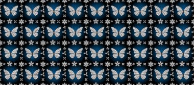 Elin kusursuz deseni suluboya desenli siluet kelebekleri. Siyah, mavi ve beyaz renkli bir resim. Klasik tarzda..