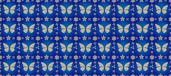 stock image Seamless background of colorful butterflies. Nice background for wrappers and wallpaper, design of fabric, paper. Cute butterflies on blue, white and black.