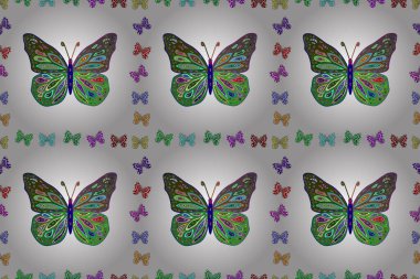 Sonsuz. Yeşil, mavi ve beyaz suluboya kelebekleri olan pürüzsüz bir arkaplan deseni. Yazdırmayı tekrarla. Raster illüstrasyonu.
