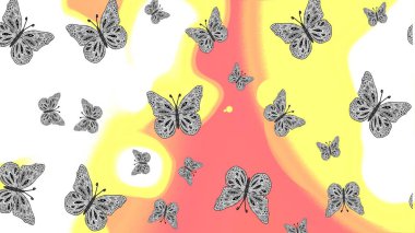 Of watercolor butterflies on pink, white and yellow background. Raster illustration. Perfect for web page backgrounds, wallpapers, textile, surface textures. Sketch pattern. Raster. clipart