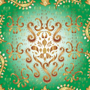 Yeşil, nötr ve bej renklerde altın elementlerle kusursuz desen. Geleneksel oryantasyon süsü. Klasik altın pürüzsüz desen. Klasik vintage arkaplan.