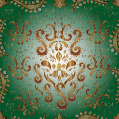 Lüks, kraliyet ve Viktorya dönemi konsepti. Vector vintage barok çiçeksiz altın desenli. Süslü dekorasyon. Altın desenli yeşil, nötr ve bej renklerde altın elementlerle.
