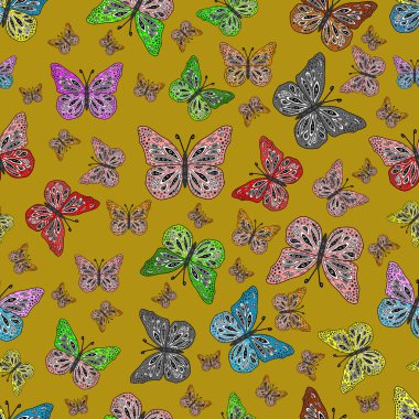 Güve ile vektör arkaplanı. Kelebeklerle dolu yaz arkaplanı sarı, gri, siyah renkler. Basit Kadınsı Kart, Davetiye, Yazdırma Kalıbı. Güzel Kelebek Siluetleriyle Moda Dekorasyonu.