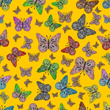 Uçan kelebek keten temalı taşıyıcı. Giysiler için böcek kumaşı klipsleri tekrarlanıyor. Gri, siyah ve sarı renkte pürüzsüz bir kelebek deseni. Davetiye için basit kadınsı desen, kart.