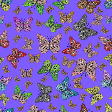 Yazdırmayı tekrarla. Vektör çizimi. Gri, mor ve siyah suluboya kelebeklerle bezenmiş pürüzsüz bir arkaplan deseni. Sonsuz.