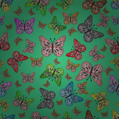 Yeşil, gri ve siyah renkte, mükemmel, pürüzsüz bir kelebek örtüsü. Çizim, karalama, karalama. Vektör çizimi. Giysi kumaşı için böcek dokusu parçası tekrarlanıyor. Sonsuz. Bahar Kelebeği teması