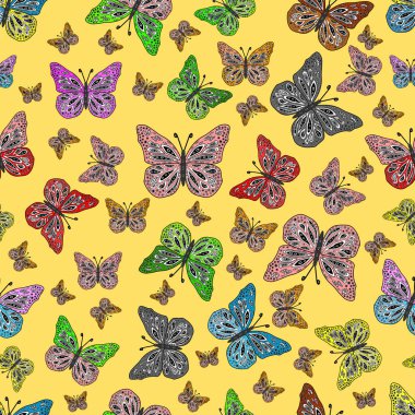 Vektör çizimi. Kelebekli tasarım. Çizim, karalama, karalama. Kusursuz. Sonsuz. Siyah, sarı ve gri arka planda kelebekler.