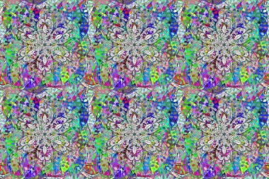 Renkli Bahar Temalı Kusursuz Arkaplan. Kusursuz çiçek deseni yerleştirildi. Çiçekler mavi, gri ve yeşil renklerde. Düz Çiçek Elementleri Tasarımı.