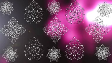 Grafiksel element dekorasyonu. Düz dizayn. Kar Tanesi Mozaik ikonu. Raster tasarımı. Sembol kışı, donmuş, Noel, yeni yıl tatili. Siluet kar tanesi işareti izole edilmiş gri, mor ve pembe renkler.