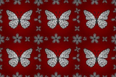 Kelebekli çiçeksiz desen. Kağıt, kumaş ve ambalaj için uygun. Resimler kırmızı, beyaz ve siyah renklerde.