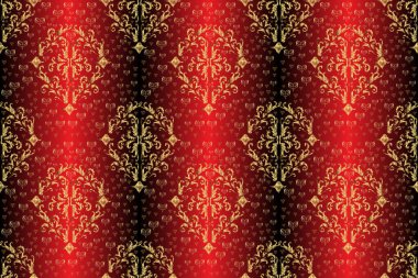 Kırmızı, kahverengi ve siyah renklerde altın elementlerle kusursuz desen. Kusursuz altın desen. Doğulu süsü.