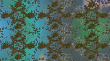 Çiçek mavisi, yeşil ve gri desenli. Raster çiçek izi. Klasik taslak çizimi. Raster Yumuşak kumaş deseni.