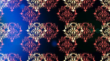 Altın çiçekli, pürüzsüz desen. Damask arkaplanı. Barok tarzında altın çiçekli süs. Siyah, mavi ve pembe renklerdeki altın element.