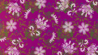Mor, yeşil ve nötr renklerde. Çiçek duvar kağıdı. Çizim kalıbı. Raster illüstrasyonu. Renkli süs kenarı. Hint süsü..