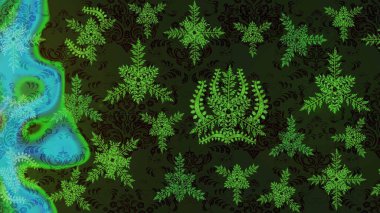 Kar tanesi renkli desen. Snowflakes desen. Raster kar taneleri arka plan. Renk arka plan üzerinde izole soyut kar taneleri ile düz tasarım. Raster illüstrasyon.