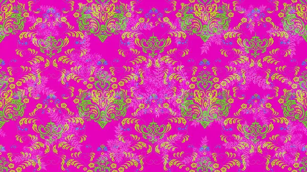 Raster illüstrasyonundaki çiçek desenli çizim. Mor, yeşil ve pembe renkte çiçekler.