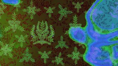 Sanat terapisi tarzı zen çizim için yeşil, mavi ve kahverengi kar taneleri. El çizimi, dövme stili, kumaş tasarımı ve Raster illüstrasyonunda kartlar..