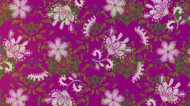 Mor, yeşil ve nötr renklerde. Raster illüstrasyonu. 3D çiçekler, çizim.