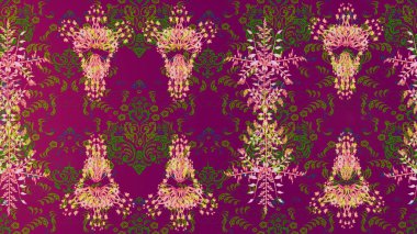 Renkli Yaz Temalı eskiz kalıbı. Düz Çiçek Elementleri Tasarımı. Mor, yeşil ve pembe renkte çiçekler. Raster illüstrasyonunda çiçek deseni çizimi.