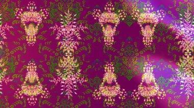 Mor, yeşil ve pembe renkte çiçekler. Kumaş desenli papatya çiçekleri ayrıntıları.