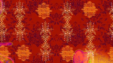 Kar tanelerinin soyut arkaplanı olan şirin bir Noel arkaplanı. Kırmızı, turuncu ve mor kar taneleri. Raster illüstrasyonu. Renkler. Noel ve Yeni Yıl moda baskıları için tatil tasarımı.